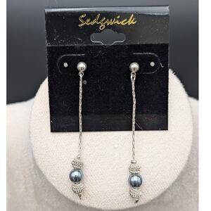 Sedgwick Dangle Earrings Silver Tone Blue Bead Drop Lead Free Made in Korea New